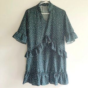 5 for $20! Ruffle Flutter Sleeve Frill Dress Polka Dot Teal